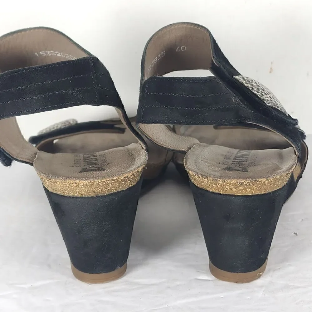 Mephisto Women's Jackie 40 US9-9,5 Black Leather Cork Embellished Wedge Sandals